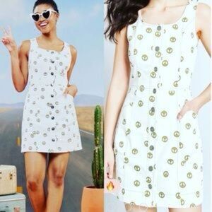 Modcloth Sleeveless Peace Sign White Denim Mini Dress Size 14